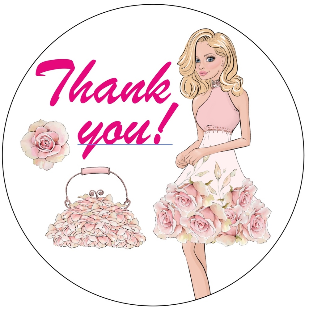 x72 Fashion Girl Pink Flowers Thank You Stickers